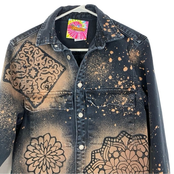 Reworked Boho Denim Jean Shirt Jacket Shacket Womens Size Small Unisex Mandala - Picture 3 of 9